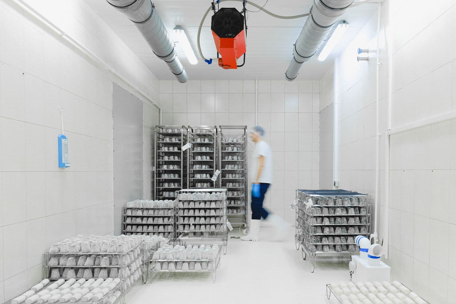 Interior de un cuarto frío industrial con estanterías de producto y operario al fondo — Cuartos fríos en Bucaramanga y Barranquilla